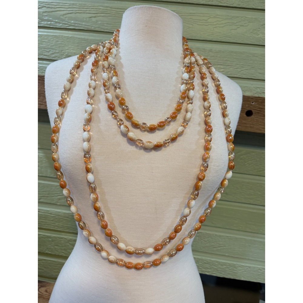 Honey Cream Glass Beaded Necklace Set 3 Multi Strand Oval Layering Jewelry